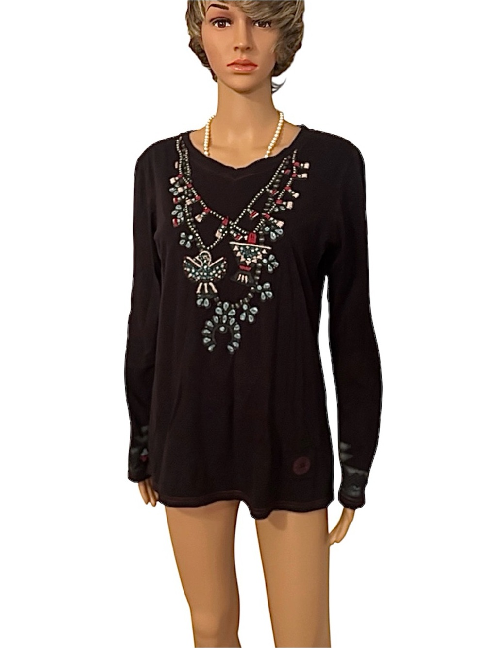 Double D Ranchwear Women’s Size Medium 100% Cotton Black Long Sleeve Beaded Tee